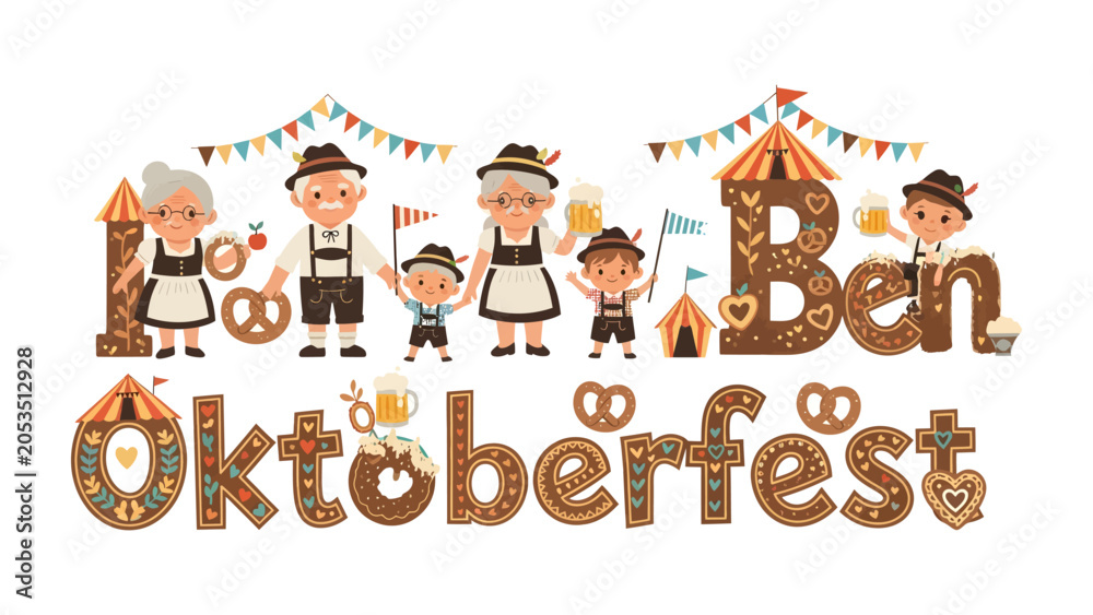 Fototapeta premium Oktoberfest Family Celebration: A heartwarming illustration depicts a cheerful family enjoying Oktoberfest, complete with traditional attire, pretzels, beer steins, and festive bunting.