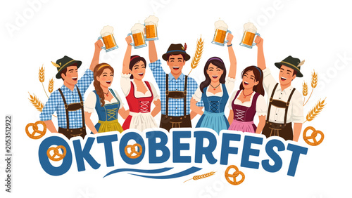 Foto Oktoberfest Celebration: A lively group of people in traditional Bavarian attire joyfully raise mugs of beer and cheers during a vibrant Oktoberfest festival, surrounded by pretzels and wheat stalks