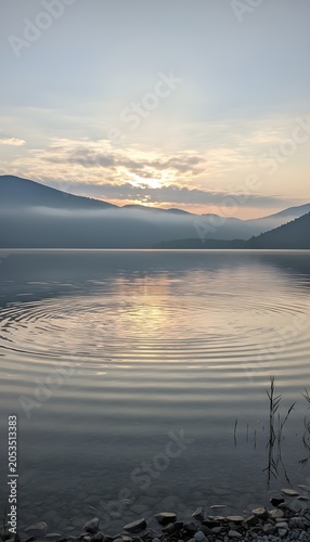 Tranquil lake scene at dawn with mountains and soft light reflections