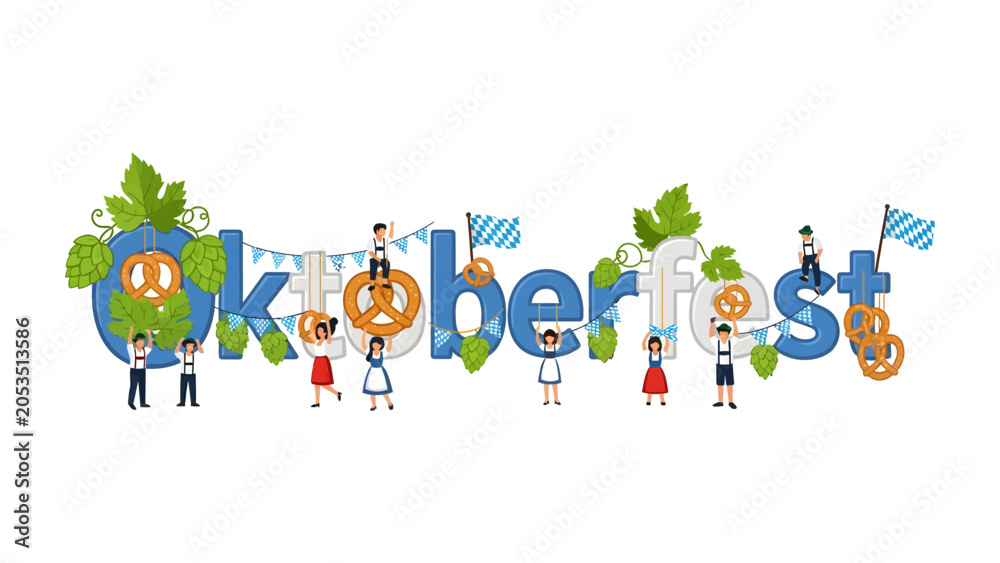 Fototapeta premium Oktoberfest Typography: Creative word art celebrates Oktoberfest with playful characters and iconic elements, transforming letters into a festive scene of Bavarian culture and revelry.
