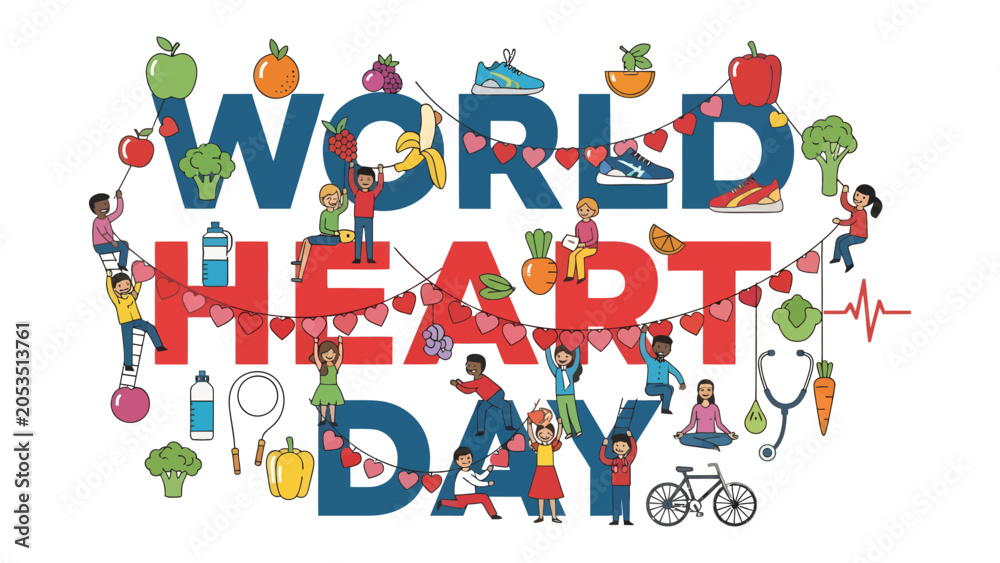 Fototapeta premium World Heart Day Celebration: A vibrant illustration depicting World Heart Day with people engaging in healthy activities, surrounded by fresh fruits and vegetables.