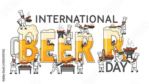 Foto Celebrating International Beer Day: A playful illustration depicts chefs in uniform crafting a giant beer mug and the words International Beer Day, complete with sausages and grilled delights