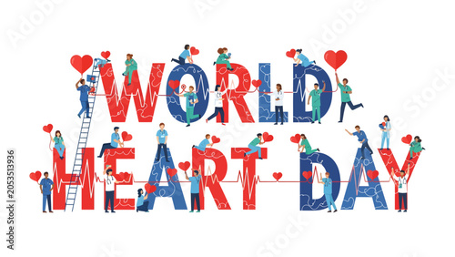 Photography World Heart Day Celebration: Tiny figures populate the colossal letters spelling WORLD HEART DAY, each person holding a red heart