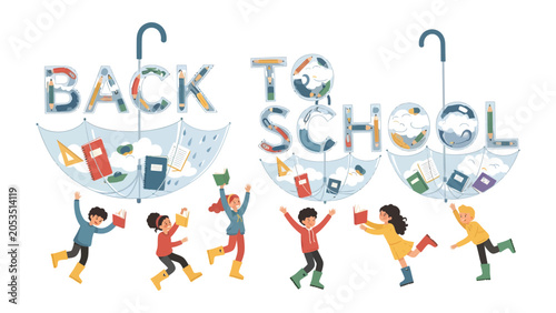Fotografija Back To School Splash: Children joyousely jump and play with books under whimsical umbrellas filled with school supplies, signaling the start of the new academic year with vibrant enthusiasm