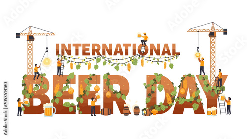 Fotografie International Beer Day Celebration: A creative illustration depicting the festive spirit of International Beer Day, with tiny people adorning giant letters of BEER DAY with hops, lights