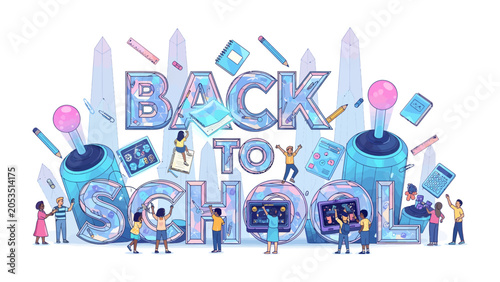Obraz na płótnie Back to School Celebration: Whimsical 3D lettering announces Back to School surrounded by playful elements like oversized joysticks, pencils, books, and calculators
