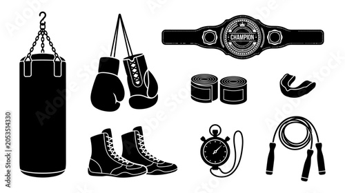 Collection of boxing equipment including boxing gloves, punching bag, mouthguard, boxing shoes, hand wraps, stopwatch, championship belt and jump rope, black and white vector