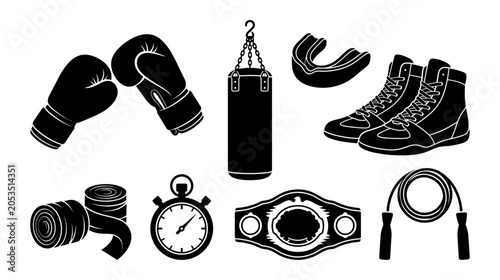 Fotografi Collection of boxing equipment including boxing gloves, punching bag, mouthguard