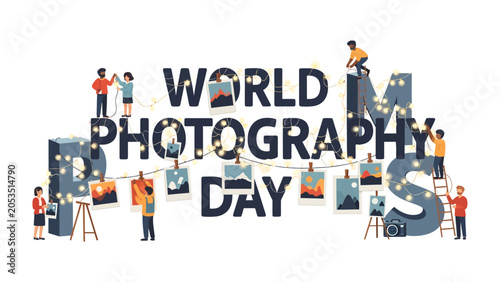 Slika na platnu World Photography Day Celebration: A whimsical illustration depicting people interacting with giant letters spelling WORLD PHOTOGRAPHY DAY, decorated with string lights and hanging photographs