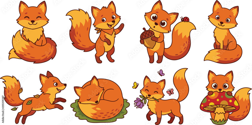 Naklejka premium Cute Fox Cartoon Character Vector Set Featuring Adorable Forest Animals in Various Poses with Acorn, Mushroom, Butterflies, and Autumn Leaves