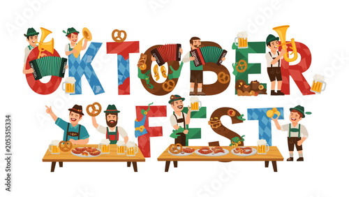 Konstfotografi Oktoberfest Celebration: Festive German folk figures and iconic symbols spell out 'Oktoberfest' in a vibrant, whimsical illustration, capturing the spirit of the renowned Bavarian festival