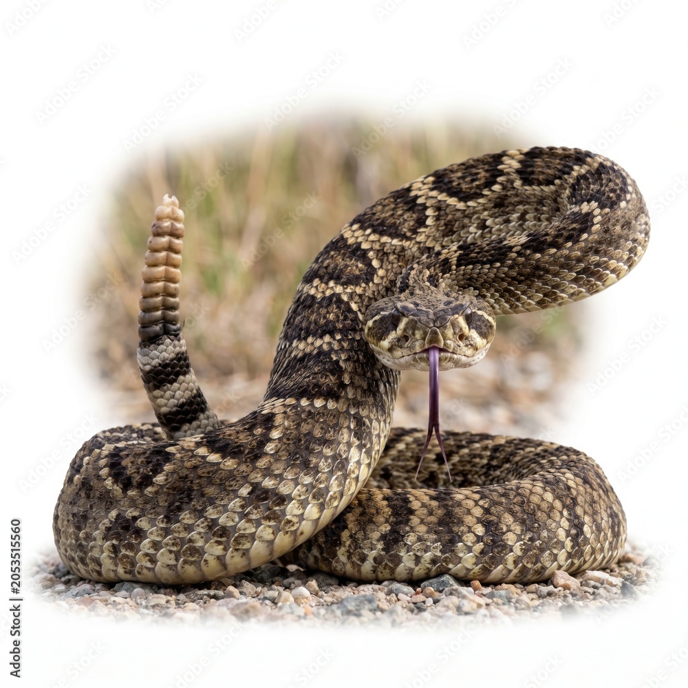 Obraz premium Aggressive rattlesnake with tongue flicking and rattle raised isolated on white background