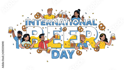 Fotografie International Beer Day Celebration: A lively illustration depicting diverse people raising glasses of beer and holding pretzels