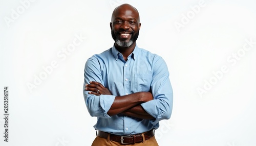 African American man smiles confidently  arms crossed  standing against white background. He wears a light blue button up shirt and tan pants  looking directly forward.