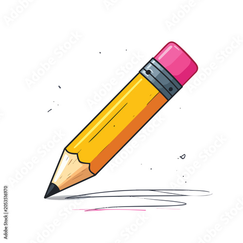Cartoon yellow pencil with pink eraser drawing on paper.