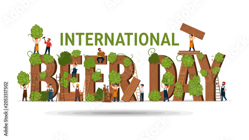 Canvastavla International Beer Day Celebration: Tiny people work together to build the words INTERNATIONAL BEER DAY adorned with hops and vines, symbolizing a global appreciation for this beloved beverage