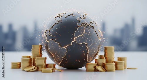 A dark globe with glowing golden cracks surrounded by stacks of gold coins on a white surface representing global economic stability and wealth