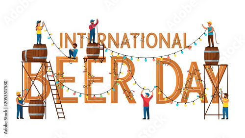 Foto International Beer Day Celebration: Tiny people construct the words INTERNATIONAL BEER DAY using wooden barrels and illuminated string lights