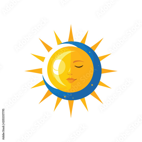 Stylized sun and moon celestial symbol with a sleeping face.