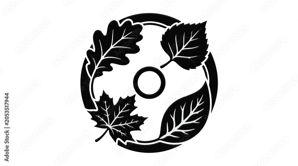 Obraz premium Circular emblem with diverse autumn leaves symbolizing nature's cycle and seasons.