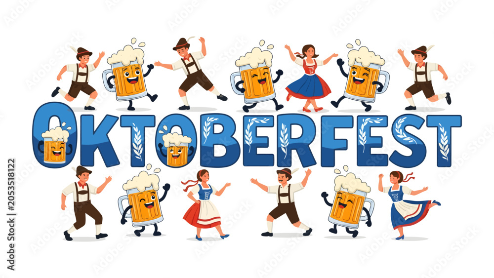 Fototapeta premium Oktoberfest Celebration: A whimsical illustration depicting a vibrant Oktoberfest scene with dancing figures and cheerful beer mugs surrounding the festive lettering.