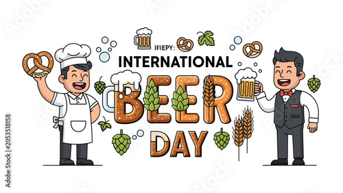 Canvastavla International Beer Day Celebration: Cheerful cartoon characters celebrate International Beer Day with beer mugs, pretzels, and hops