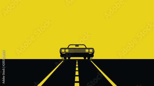 Minimalist classic muscle car on road yellow background vector