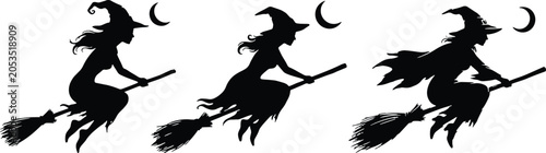 Canvastavla Modern Halloween Sorceress Icon Pack, Minimalist Crescent Moon Graphics, Flying Witch Silhouette Collection, Spooky Broomstick Rider Vector Set, vector, illustration, silhouette