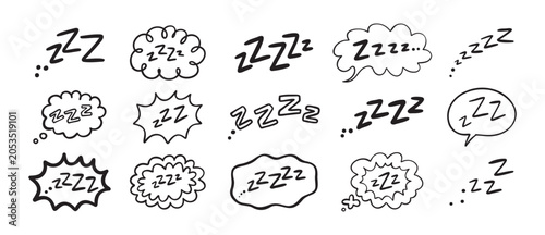 Schilderij op canvas Zzz Zzzz bed sleep snore sound bubble set, snooze nap Z sound icon cloud set