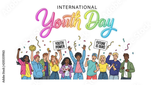 Tablou pe pânză International Youth Day Celebration: Diverse young people joyfully celebrate International Youth Day with raised fists, signs of empowerment, and colorful confetti, symbolizing hope and the future