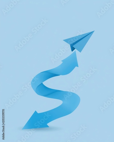 A blue paper plane flying up along a winding arrow path representing growth success and business progress concept