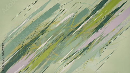 Abstract art piece featuring green, yellow, and purple brushstrokes on a light green background with dynamic diagonal lines and strokes creating a sense of movement