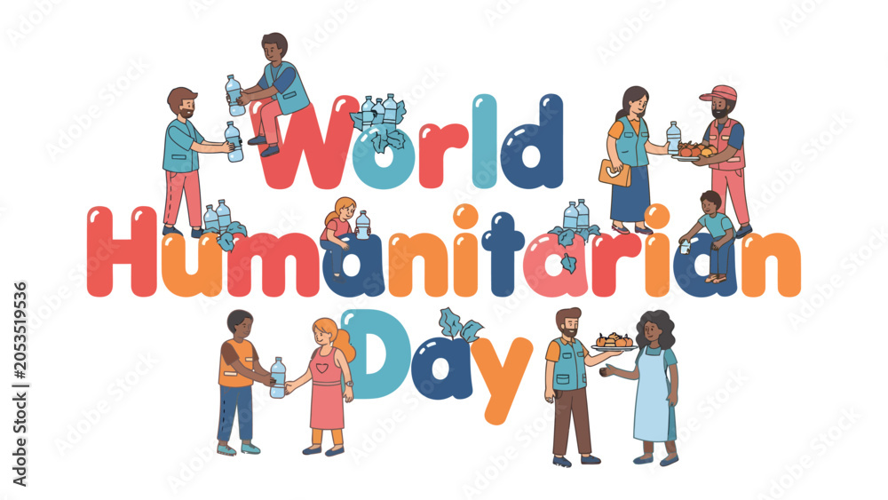 Fototapeta premium World Humanitarian Day Celebration: A vibrant illustration depicting people participating in World Humanitarian Day, sharing water and food, symbolizing compassion and global unity.