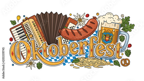 Foto Oktoberfest Celebration Design: A vibrant illustration captures the essence of Oktoberfest with a melodic accordion, savory sausage, and a frothy mug of beer, all set against a festive backdrop