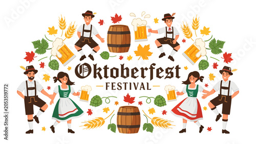 Fotografie Oktoberfest Festival Celebration: A vibrant illustration depicts people in traditional Bavarian attire celebrating Oktoberfest with beer, barrels, and autumn leaves