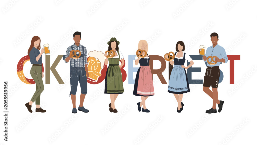 Obraz premium Oktoberfest Celebration: A vibrant scene depicts a group of people dressed in traditional Bavarian attire, holding mugs of beer and pretzels, set against the backdrop of the word Oktoberfest.