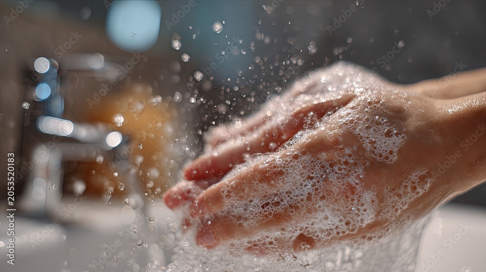 Fototapeta premium Close-up of a woman’s hands being carefully washed under running water with rich soap foam, in a bright clean bathroom, illustrating personal hygiene routines, health protection