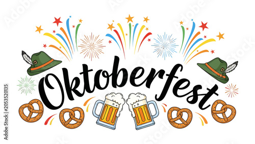 Εκτύπωση καμβά Oktoberfest Celebration: A vibrant illustration capturing the essence of Oktoberfest with festive fireworks, traditional hats, beer mugs, and pretzels, exuding a spirit of revelry and fun