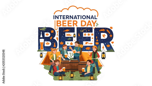 фотографія International Beer Day Celebration: People enjoy beer outdoors, celebrating the international holiday with tents and lanterns, symbolizing camaraderie and the spirit of the occasion
