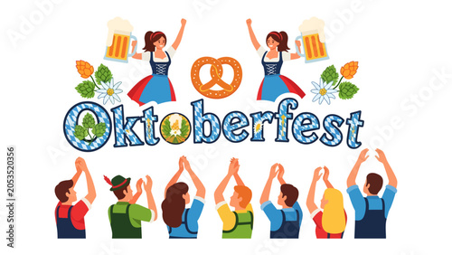 Konstfotografi Oktoberfest Celebration: A vibrant illustration capturing the essence of Oktoberfest with traditional Bavarian attire, frothy beer mugs, a pretzel