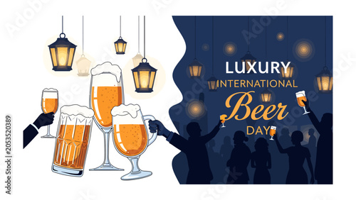 Canvastavla Cheers to International Beer Day: A celebratory scene depicting various glasses of frothy beer being raised in a toast, set against a backdrop of festive silhouettes and illuminated lanterns