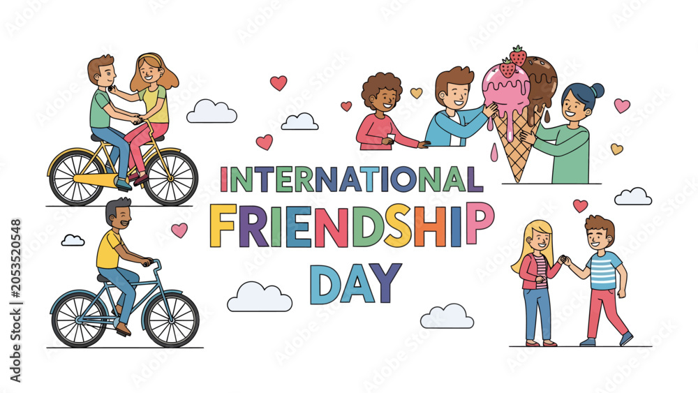 Fototapeta premium Celebration of International Friendship Day: A vibrant illustration depicting diverse groups of friends enjoying various activities like cycling, sharing ice cream, and walking together.