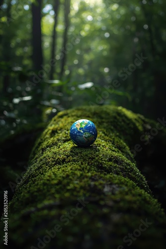 Small model of the planet Earth resting on a mossy fallen tree log in a dark and moody forest with soft sunlight