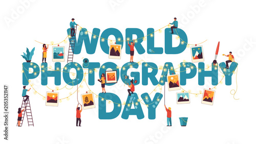 Bild auf Leinwand World Photography Day Celebration: Tiny figures actively engage in decorating the words World Photography Day with framed pictures and sparkling lights, celebrating the art of capturing moments