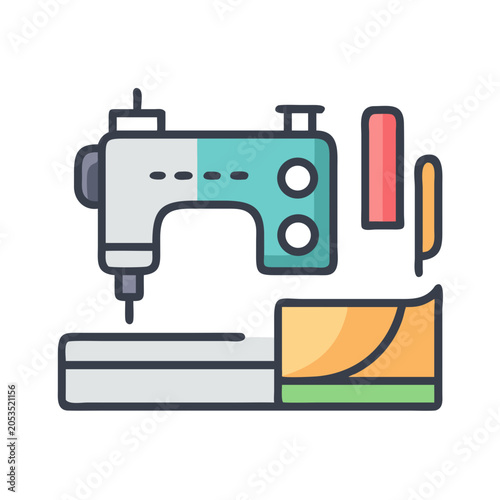 Foto Professional sewing equipment illustration featuring a machine and fabric pieces