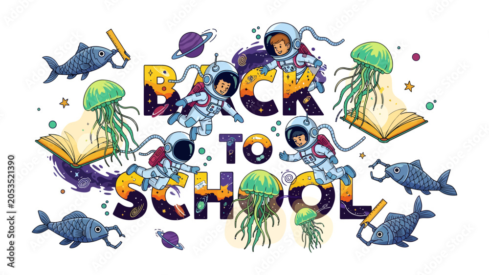 Naklejka premium Cosmic Classroom Adventure: Astronauts float amongst whimsical sea creatures and planets, interspersed with the bold BACK TO SCHOOL text.