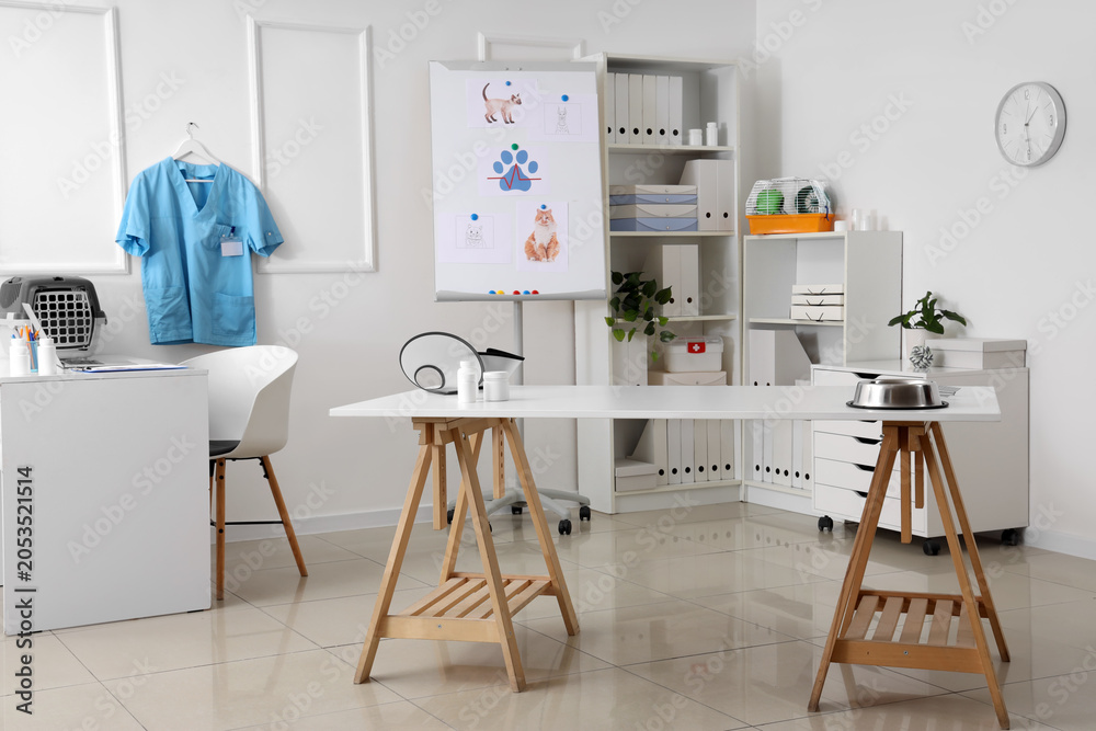 Fototapeta premium Modern veterinary clinic interior with medical equipment and pet supplies, empty examination room for animal healthcare, the empty examination room features a clean white aesthetic