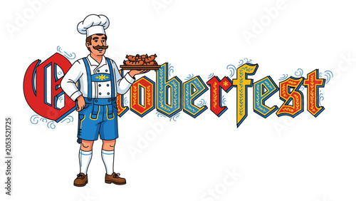 Obraz na plátně Oktoberfest Celebration: A cheerful chef in traditional Bavarian attire, complete with lederhosen and a chef's hat, proudly presents a platter of delectable roasted meats