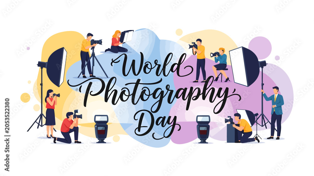 Fototapeta premium World Photography Day Celebration: A vibrant illustration depicting photographers with cameras, tripods.