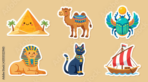 Colorful vector illustration set featuring cute ancient egypt icons like pyramids camel sphinx cat scarab and traditional wooden river boat